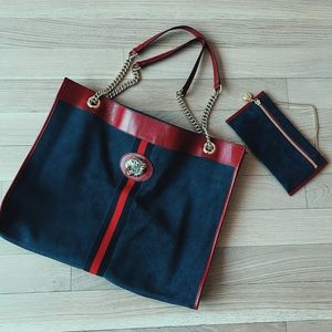 GUCCI rajah tote size large in blue suede and red leather